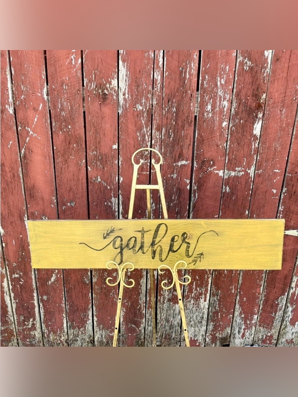 Rustic Farmhouse ‘Gather’ sign — 36”, wood, yellow and black” NEW